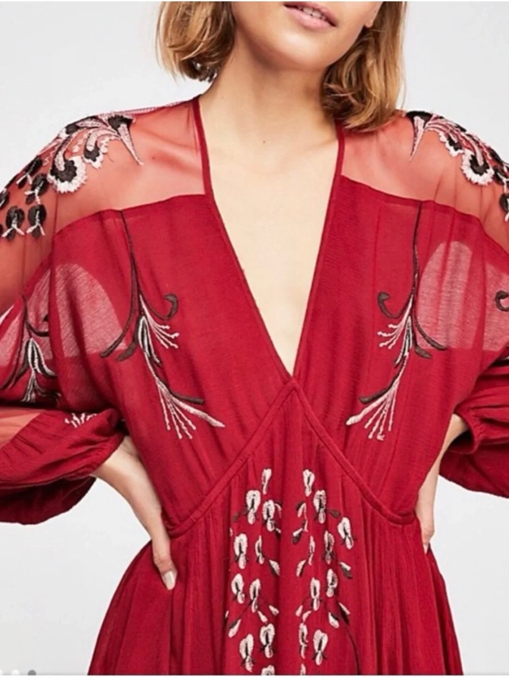 Free People Burgundy Red Embroidered Mesh Sleeve Mini Dress - Picture 3 of 13